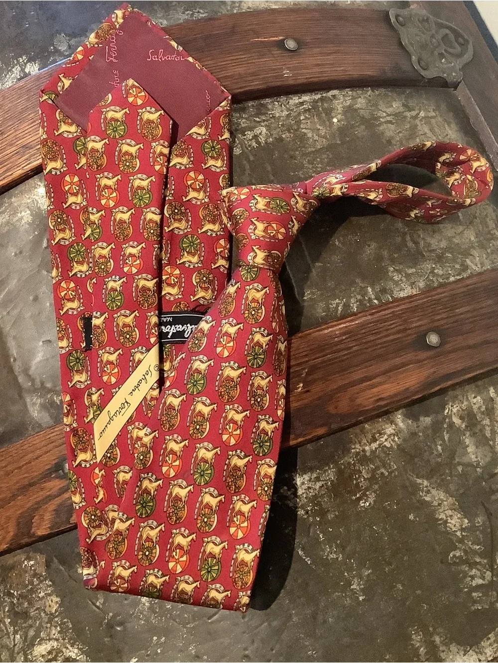 Salvatore Ferragamo Burgundy Italian Silk Tie with Multicolor Horse Motif